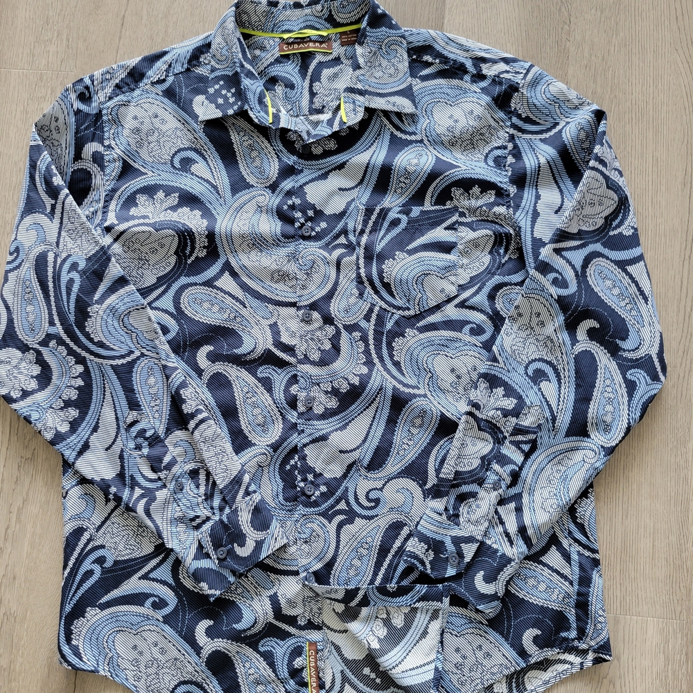 Cubavera Blue and Gray Geometric Artsy Paisley Button-up Long Sleeve Shirt Sz Lg